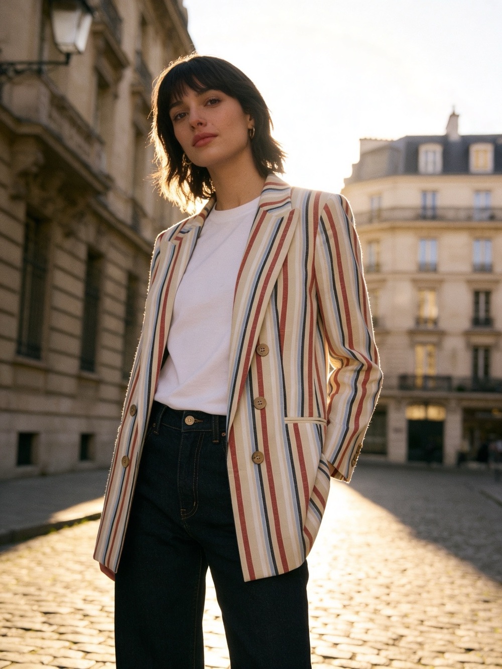 NWT Bar III Striped Double Breasted Blazer Linen Blend L